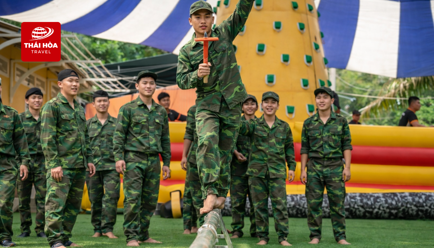 Thành viên cầm gậy thăng bằng đặt bóng di chuyển qua cầu khỉ
