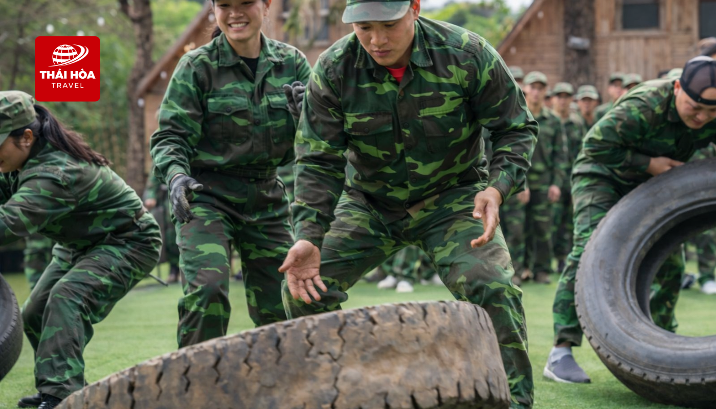 thành viên bật nhảy qua đường chạy bánh xe di chuyển về đích