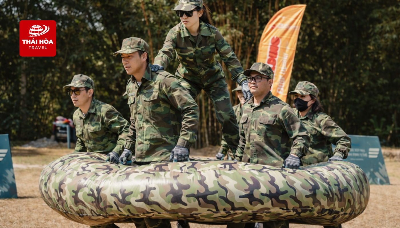 Thành viên cùng nhau nâng xe phao và di chuyển đến điểm tập bắn