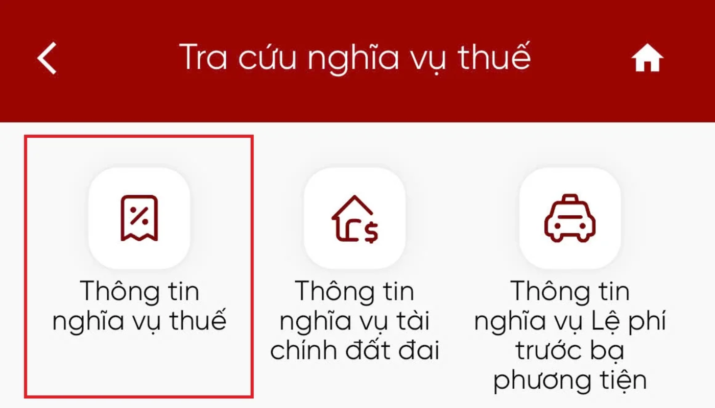 Chọn loại thông tin nghĩa vụ thuế muốn kiểm tra