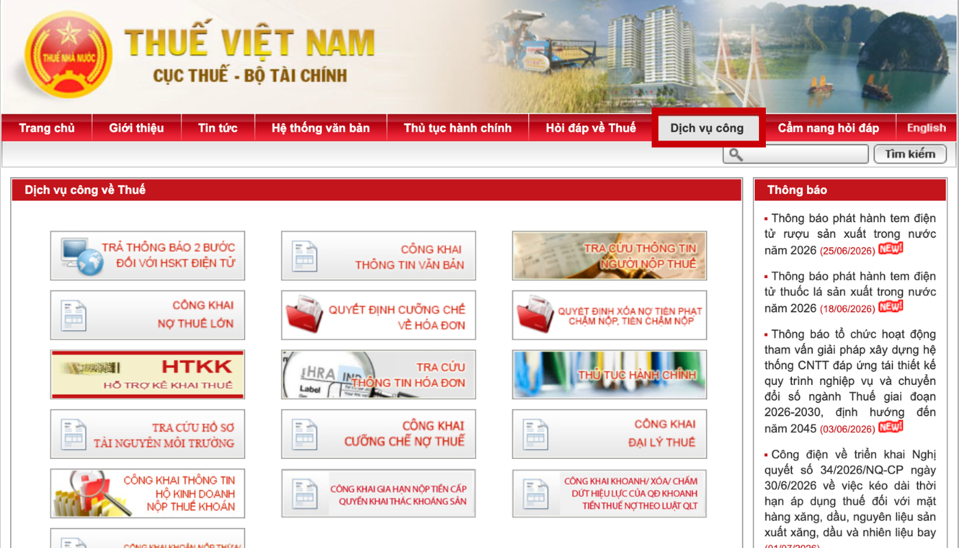 Truy cập website tổng cục thuế để tra cứu thông tin liên quan đến nợ thuế