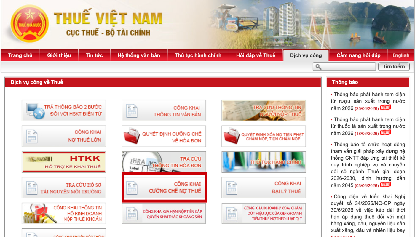 Chọn chức năng tra cứu cưỡng chế nợ thuế hoặc thông báo xuất cảnh