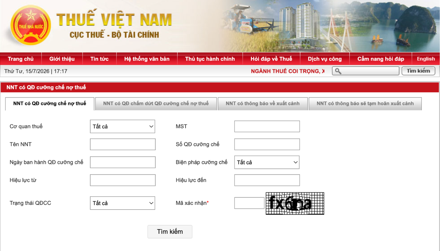 Nhập mã số thuế và mã xác nhận để kiểm tra tình trạng nợ thuế