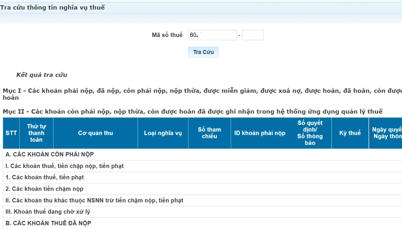 Hệ thống hiển thị chi tiết các khoản thuế đã nộp, còn nợ hoặc được hoàn