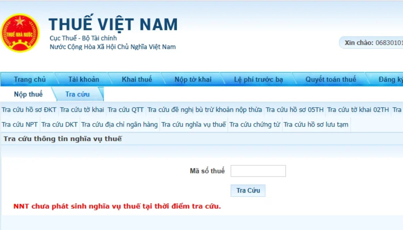 Hệ thống sẽ hiển thị thông báo chưa có dữ liệu tương ứng nếu chưa phát sinh nghĩa vụ thuế