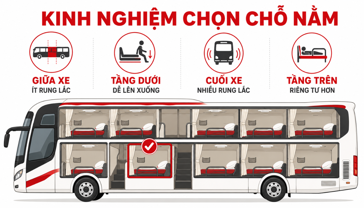 Sơ đồ các loại xe giường nằm phổ biến hiện nay 6 Việc chọn vị trí nằm phù hợp trên xe giường nằm giúp hành khách giảm cảm giác mệt mỏi