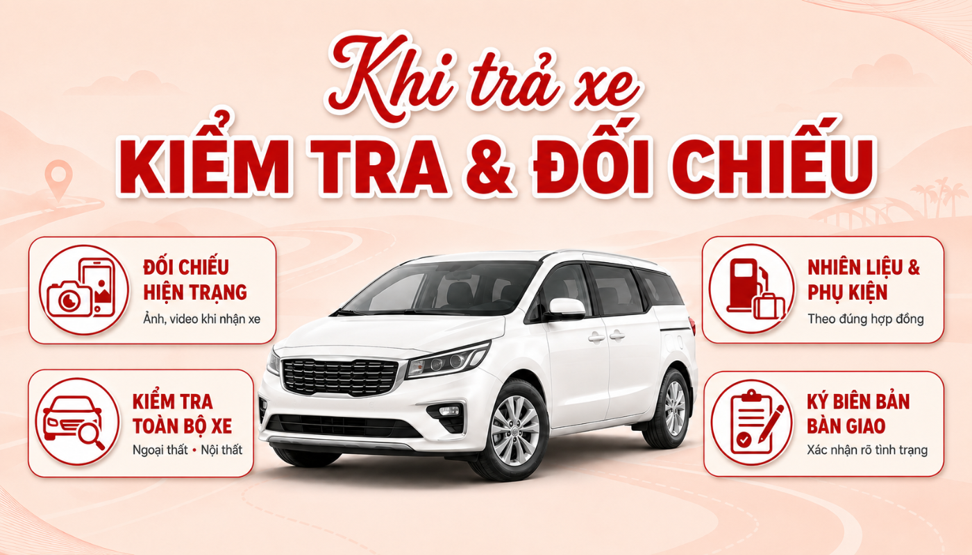 Khách hàng và đơn vị cho thuê đối chiếu tình trạng xe trước khi hoàn tất bàn giao