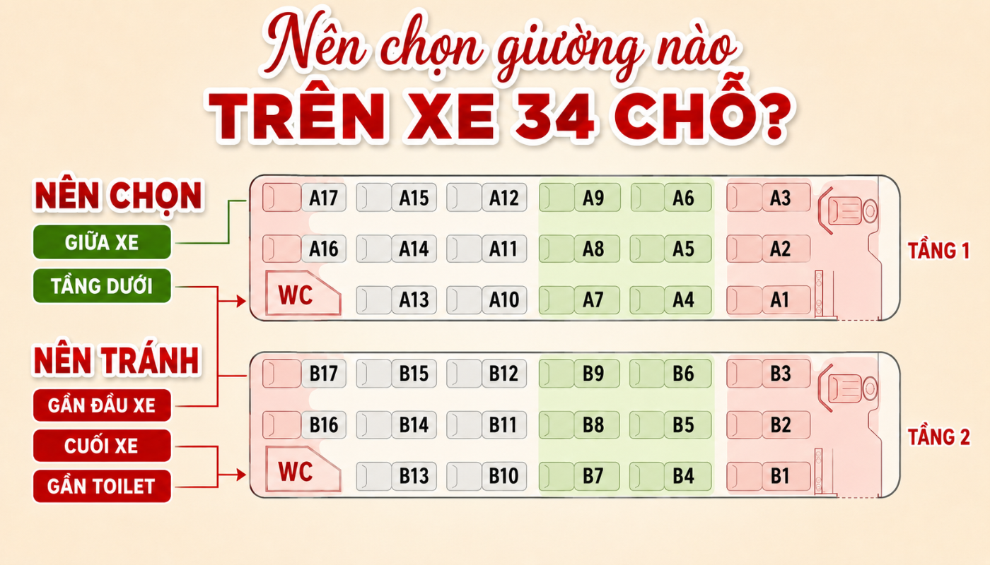 Sơ đồ xe giường nằm 34 chỗ chi tiết, dễ hiểu 4 Vị trí giữa xe và tầng dưới giúp hành khách giảm rung lắc và nghỉ ngơi thoải mái hơn